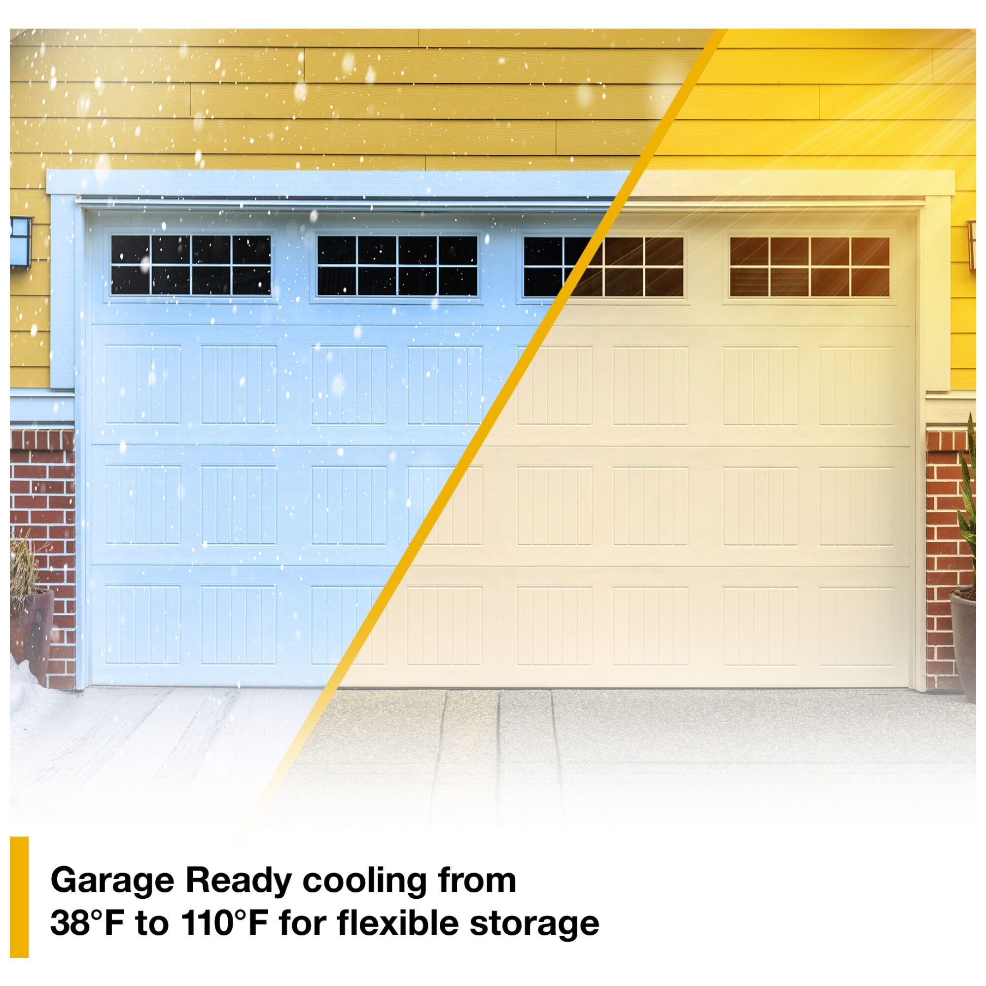 Whirlpool WRTX5118TB 28-inch top freezer refrigerator feature graphic showing a garage door split between snow and sun, highlighting garage-ready cooling from 38°F to 110°F for flexible storage.