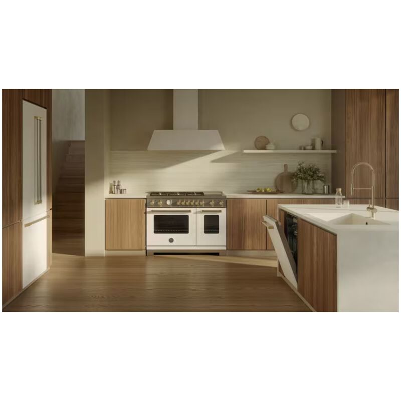 Bertazzoni Master Series 48 in. 7.1 cu. ft. Dual Convection Double Oven Gas Range with 6 Sealed Burners & Griddle - Matte White with Brushed Gold Accents, , hires