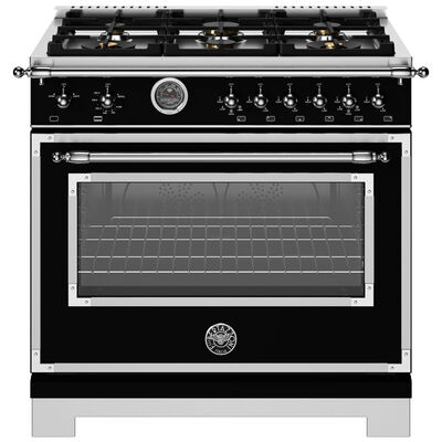 Bertazzoni Heritage Series 36 in. 5.9 cu. ft. Convection Oven Freestanding Natural Gas Range with 6 Sealed Burners & Griddle - Matte Black | HE366BCGMNET