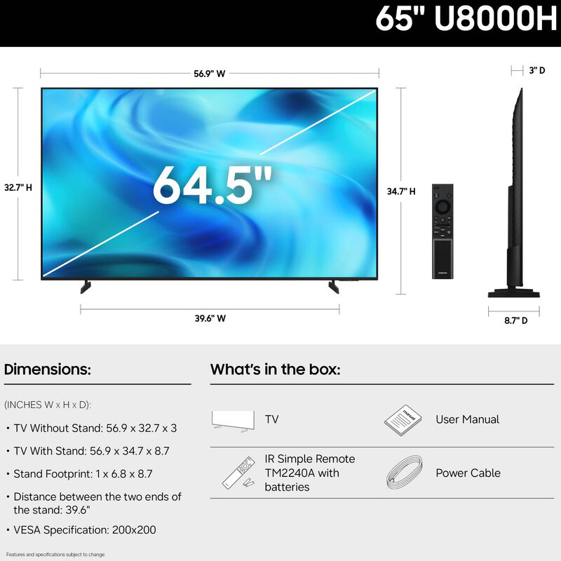 Samsung - 65" Class U8000H LED 4K UHD Smart Tizen TV, , hires