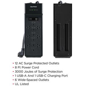 CyberPower P1208UC15BK Surge Protector - Black, , hires
