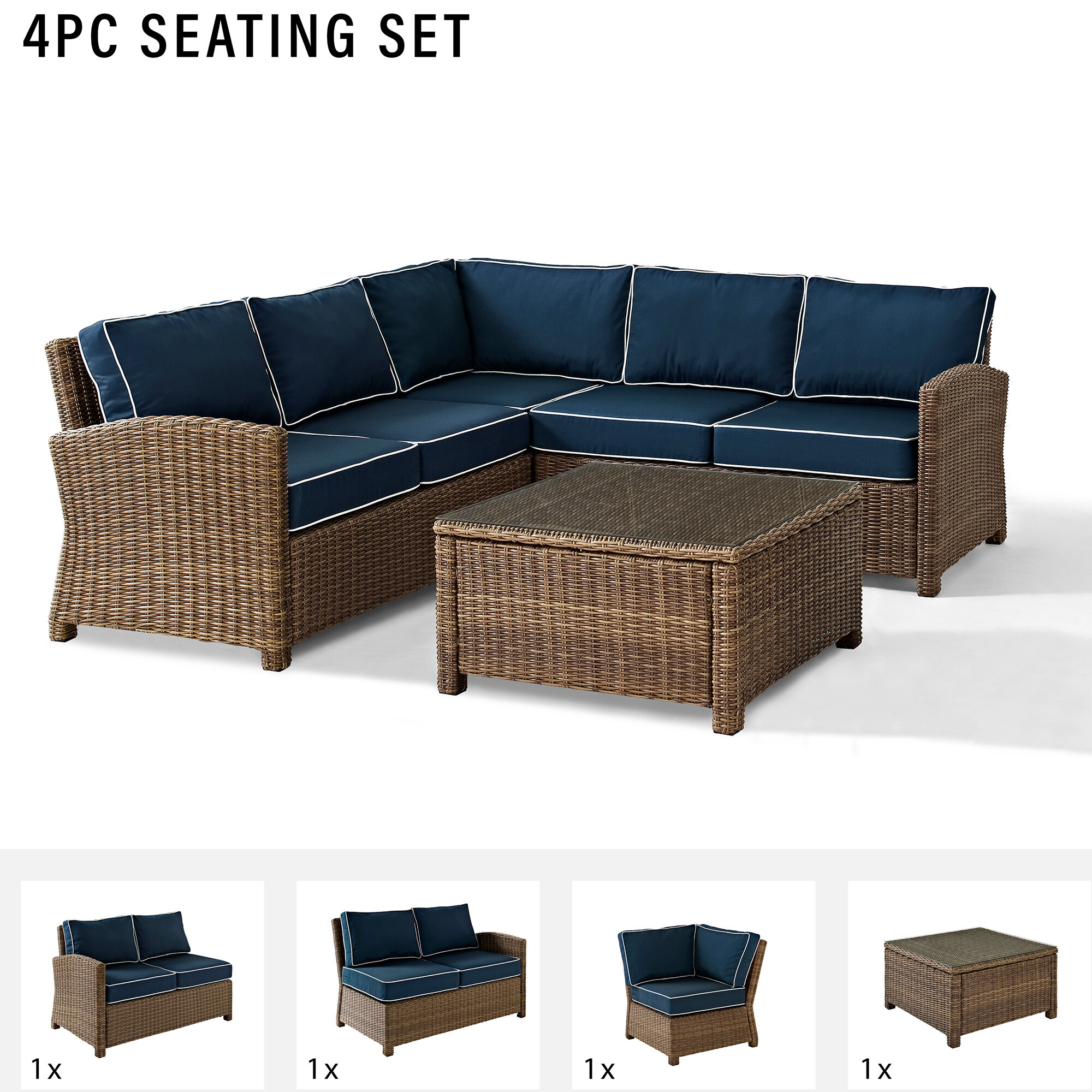 Abundant Countryside 4枚セット ③ Crosley Bradenton 4 Piece Outdoor Wicker Sectional Set - Navy