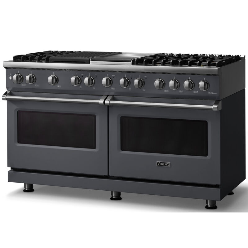 Viking 5 Series 60 in. 9.4 cu. ft. True European Convection Double Oven Dual Fuel Range with 6 Sealed Burners, Grill & Griddle - Cast Black - Natural Gas, Polished Chrome Trim Option, , hires