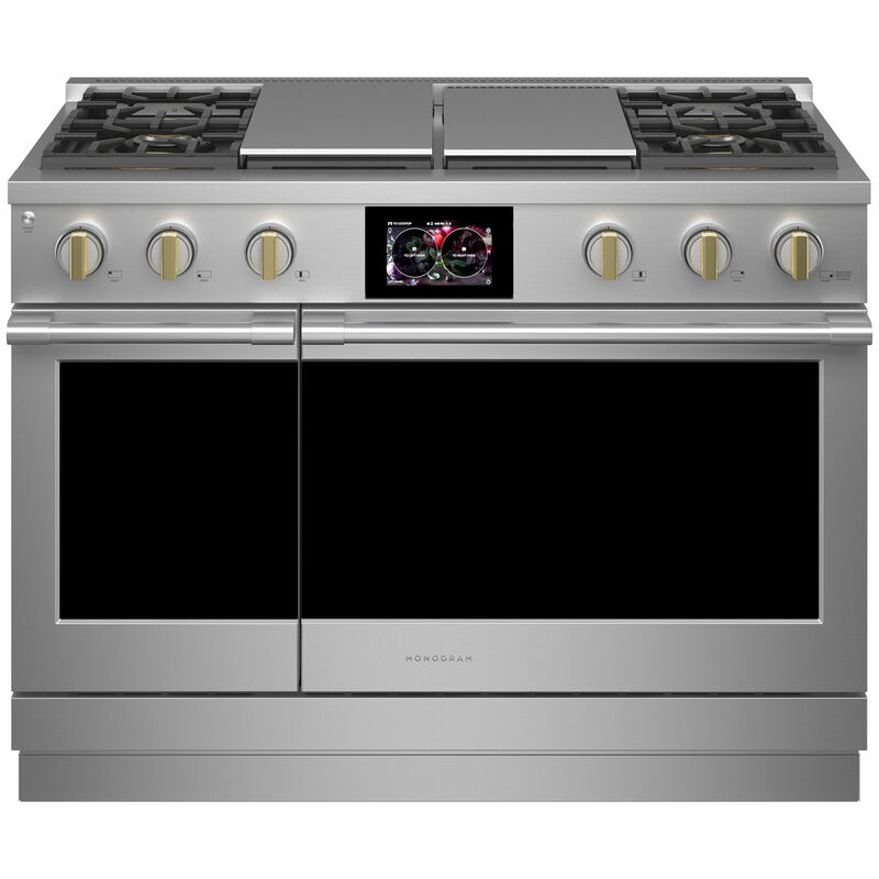 Monogram Statement Series 48 in. 8.2 cu. ft. Smart Air Fry True European Convection Double Oven Dual Fuel Range with 4 Sealed Burners, Grill & Griddle - Stainless Steel, , hires