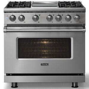 Viking 5 Series 36 in. 5.6 cu. ft. True European Convection Dual Fuel Range with 4 Sealed Burners & Griddle - Stainless Steel, , hires