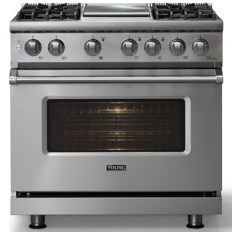 Viking 5 Series 36 in. 5.6 cu. ft. True European Convection Dual Fuel Range with 4 Sealed Burners & Griddle - Stainless Steel, , hires
