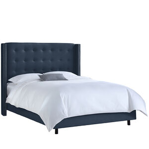 Skyline Full Nail Button Tufted Wingback Bed in Linen - Navy, Navy, hires