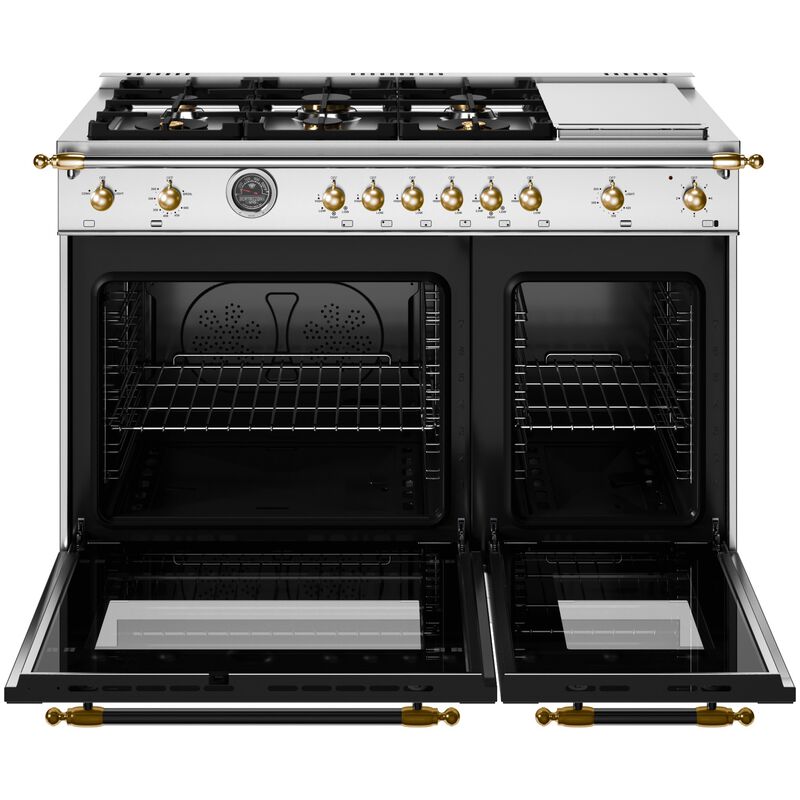 Bertazzoni Heritage Series 48 in. 7.1 cu. ft. Dual Convection Double Oven Gas Range with 6 Sealed Burners & Griddle - Stainless Steel, , hires