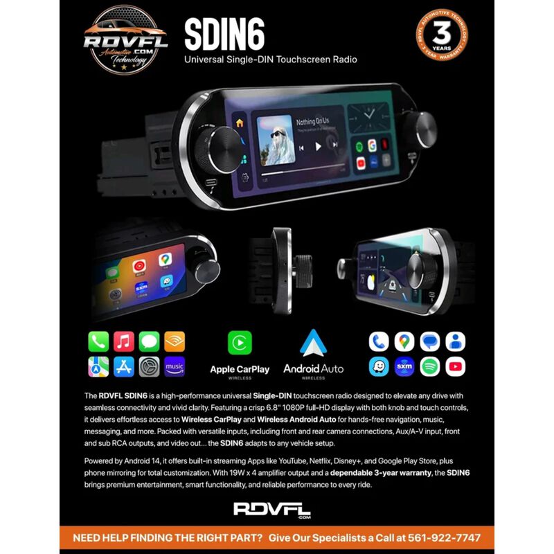 RDVFL Universal Touchscreen Single DIN Radio with 6.8" Screen with Wireless CarPlay and Wireless Android Auto, , hires