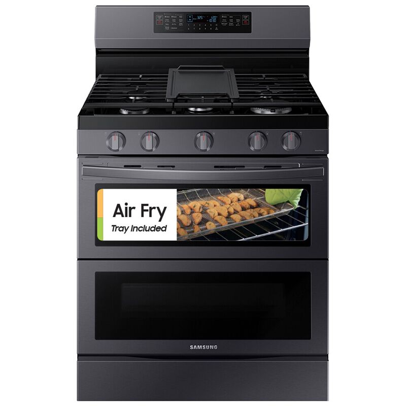Samsung 30 in. 6 cu. ft. Smart Air Fry True European Convection Double Oven Gas Range with 5 Sealed Burners & Griddle - Black Stainless, Black Stainless, hires