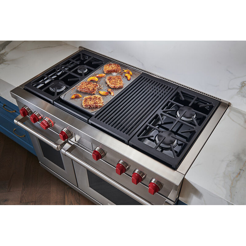Wolf 48 in. 7.8 cu. ft. Smart Convection Double Oven Freestanding Dual Fuel Range with 4 Sealed Burners, Grill & Griddle - Stainless Steel, , hires