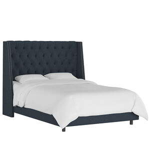 Skyline Queen Nail Button Tufted Wingback Bed in Linen - Navy, Navy, hires