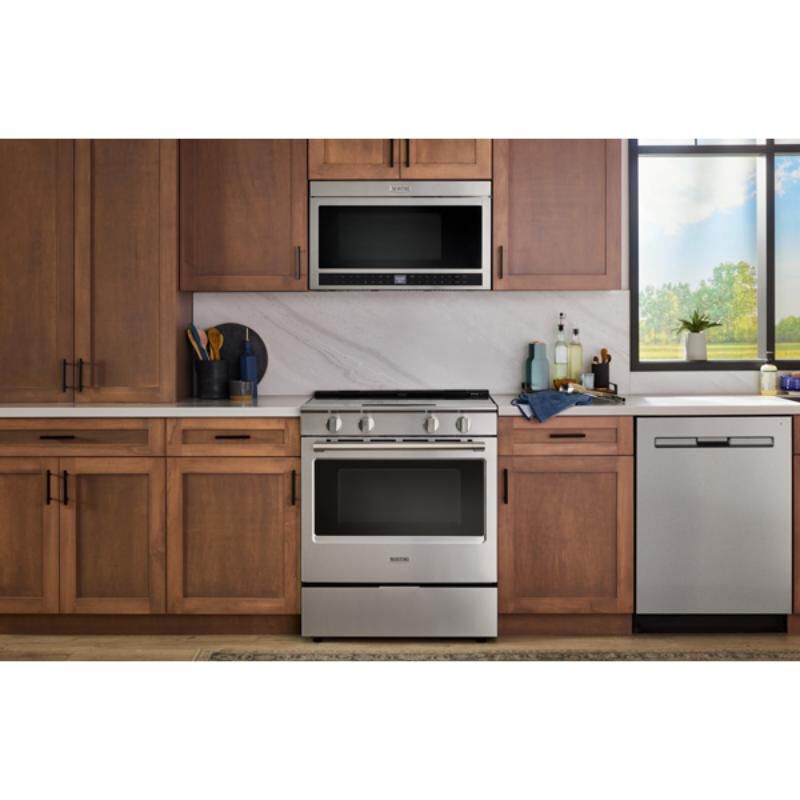 Maytag 30 in. 5.3 cu. ft. Smart Air-Fry Standard Convection Slide-In Electric Range with Radiant Burners, Reversible Grill & Griddle - Fingerprint Resistant Stainless Steel, , hires