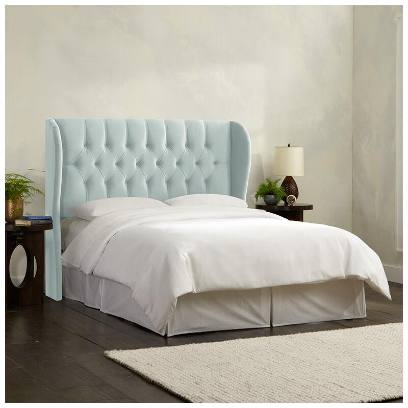 Skyline Furniture Tufted Wingback Velvet Fabric Upholstered King Size Bed Pool Blue