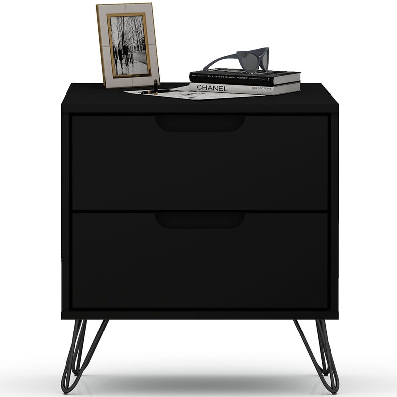 Manhattan Comfort Rockefeller Mid-Century Modern 2-Drawer Nightstand Black, Black, hires