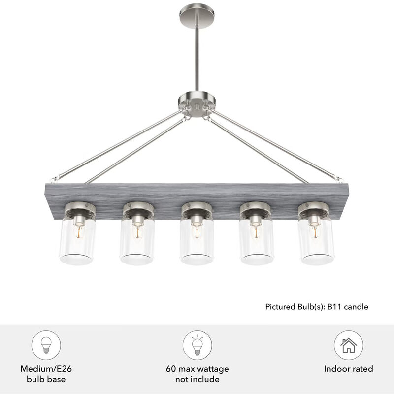 Hunter Devon Park 8 in. 5-Light Linear Chandelier with Clear Glass - Brushed Nickel, , hires