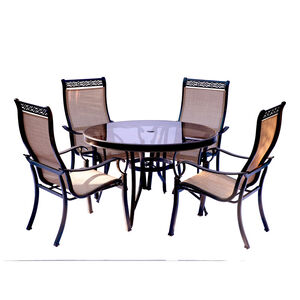 Hanover Monaco 5-Piece 48" Round Glass Top Dining Set with Sling Back Chairs - Tan, , hires