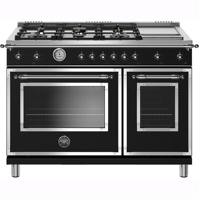 Bertazzoni Heritage Series 48 in. 4.7 cu. ft. Convection Double Oven Freestanding LP Gas Range with 6 Brass Burners & Griddle - Matte Black | HERT486GASNL