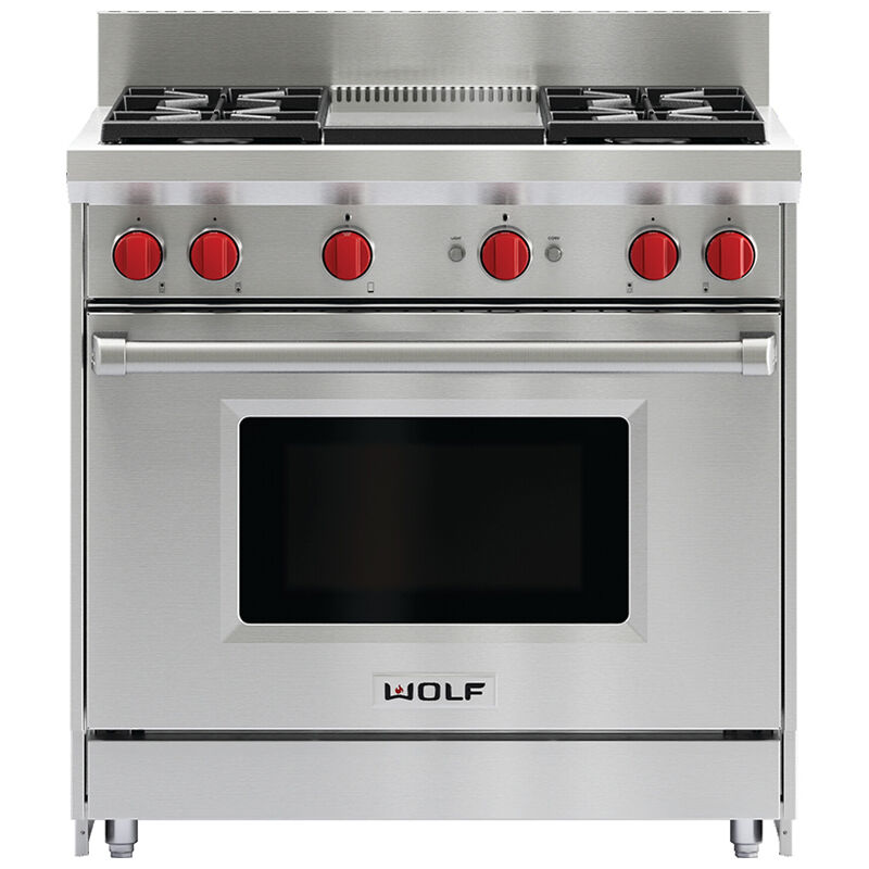 Wolf 36 in. 5.5 cu. ft. Standard Convection Gas Range with 4 Sealed Burners & Griddle - Stainless Steel, , hires