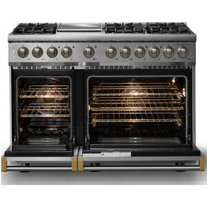 Viking 5 Series 48 in. 7.3 cu. ft. True European Convection Double Oven Dual Fuel Range with 6 Sealed Burners & Griddle - Stainless Steel - Natural Gas, Brushed Brass Trim Option, , hires