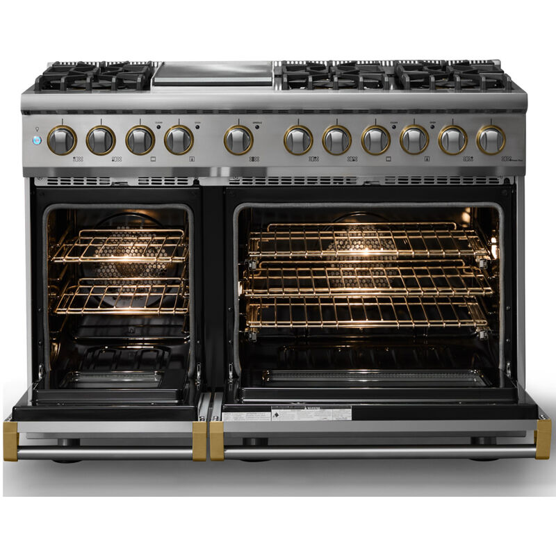 Viking 5 Series 48 in. 7.3 cu. ft. True European Convection Double Oven Dual Fuel Range with 6 Sealed Burners & Griddle - Stainless Steel - Natural Gas, Brushed Brass Trim Option, , hires