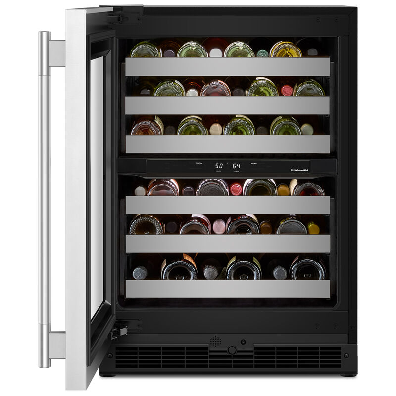 KitchenAid 24 in. Undercounter Left Hinged Wine Cooler with Metal Racks, Dual Temperature Zone(s) & 46-Bottle Capacity - Stainless Steel with Black Cabinet, , hires