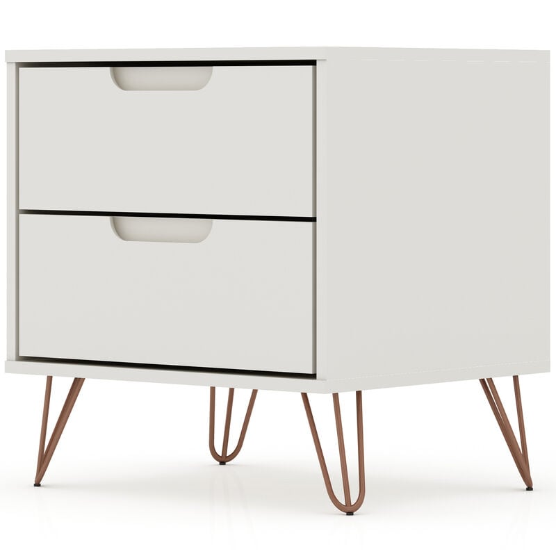 Manhattan Comfort Rockefeller Mid-Century Modern 2-Drawer Nightstand Off White/Natural, White, hires