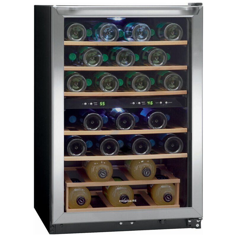 Frigidaire 22 in. Freestanding Wine Cooler with Wood Racks, Dual Temperature Zones & 45 Bottle Capacity - Stainless Steel, , hires