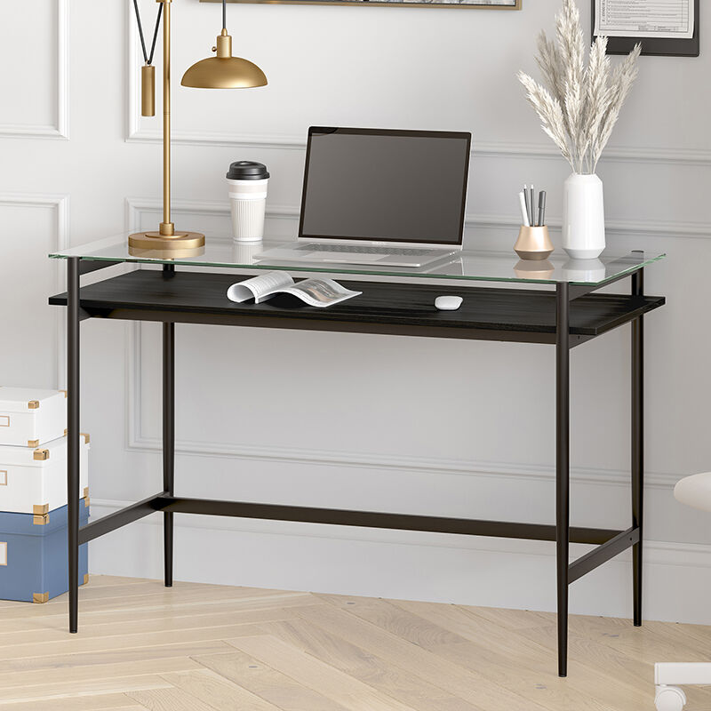 Hudson & Canal Computer Desk/Workcenter OF0645 - Black Metal and Glass, , hires