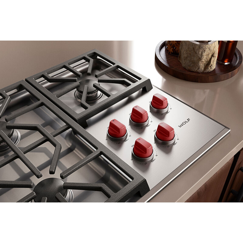 Wolf Professional Series 36 in. 5-Burner LP Gas Cooktop with Simmer Burner & Power Burner - Stainless Steel, , hires