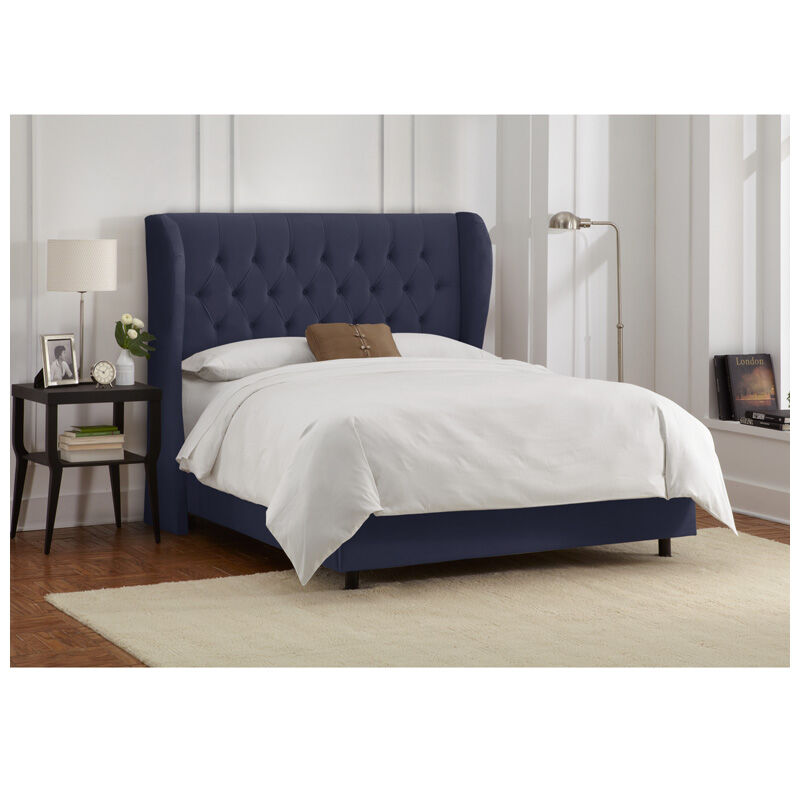 Skyline Furniture Tufted Wingback Velvet Fabric Upholstered King Size Bed - Navy Blue, Navy, hires