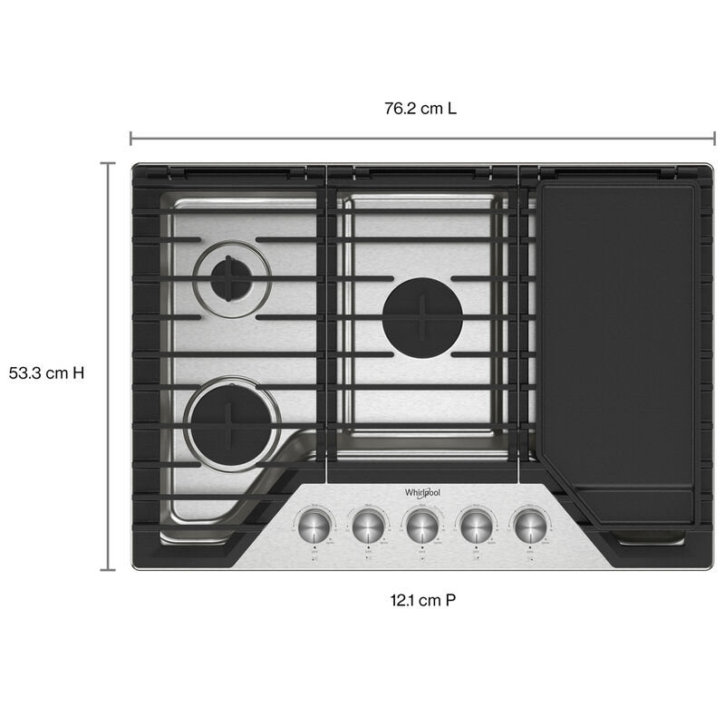 Whirlpool 30 in. 5-Burner Natural Gas Cooktop With 2-in-1 Hinged Grate to Griddle, Simmer Burner & Power Burner - Stainless Steel, , hires