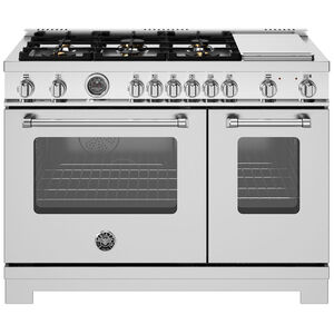 Bertazzoni Master Series 48 in. 7.1 cu. ft. Convection Double Oven Freestanding LP Gas Range with 6 Sealed Burner & Griddle - Stainless Steel, , hires