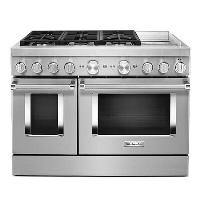 KitchenAid Commercial-Style 48 in. 6.3 cu. ft. Smart Convection Double Oven Freestanding Dual Fuel Range with 6 Sealed Burners & Griddle - Stainless Steel | KFDC558JSS