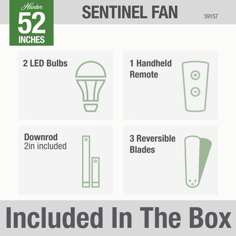 Hunter Sentinel 52 in. Ceiling Fan with LED Light Kit and Handheld Remote - Brushed Nickel, Brushed Nickel, hires