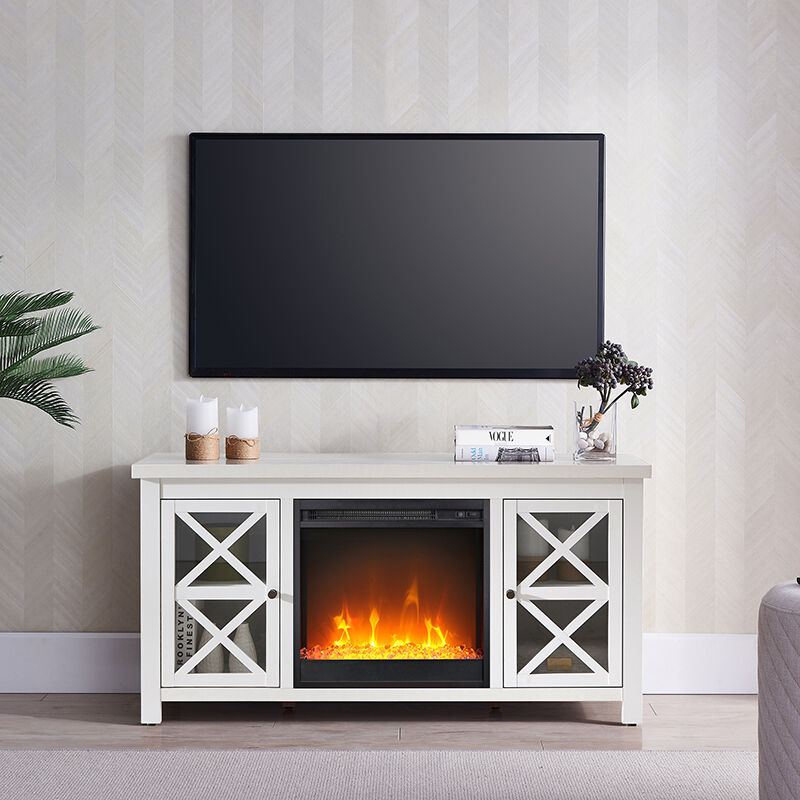 Hudson & Canal Colton TV Stand with Crystal Fireplace Insert - White, , hires