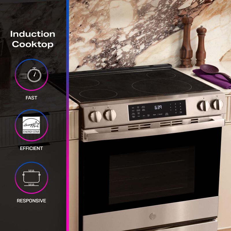 GE Profile 30 in. 5.3 cu. ft. Smart Air-Fry Standard Convection Slide-In Electric Range with 4 Induction Burners - Fingerprint Resistant Stainless, , hires