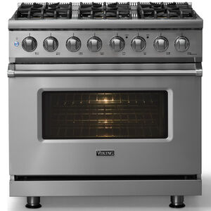 Viking 5 Series 36 in. 5.6 cu. ft. True European Convection Dual Fuel Range with 6 Sealed Burners - Stainless Steel - Natural Gas, Polished Chrome Trim Option, , hires