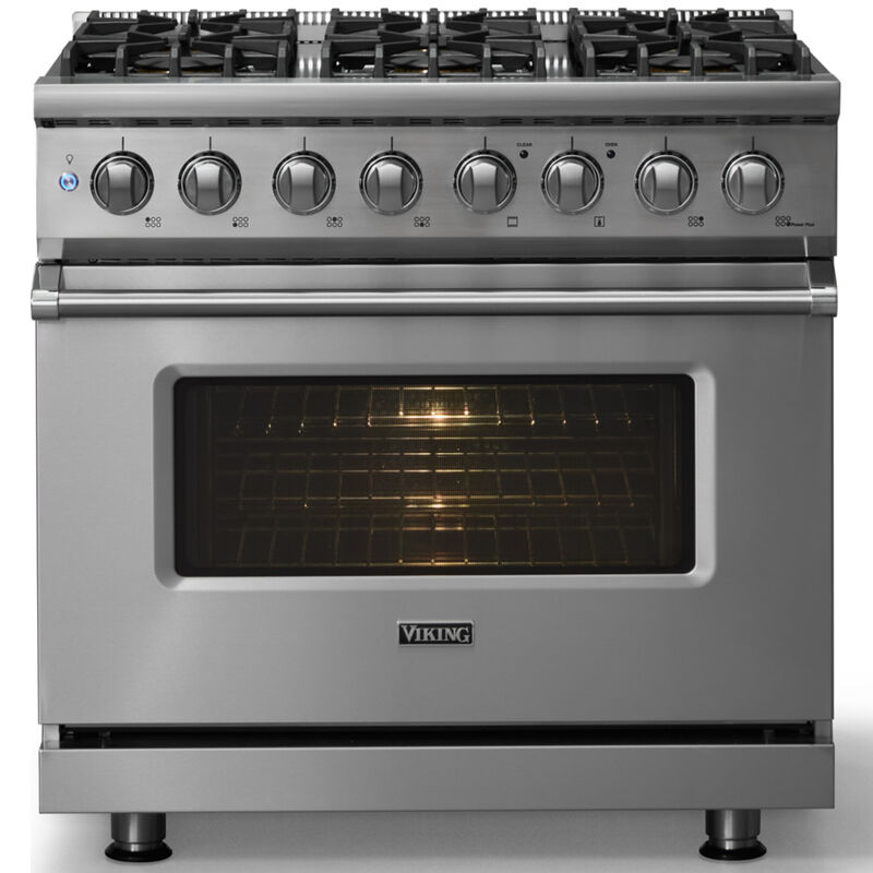 Viking 5 Series 36 in. 5.6 cu. ft. True European Convection Dual Fuel Range with 6 Sealed Burners - Stainless Steel - Natural Gas, Polished Chrome Trim Option, , hires