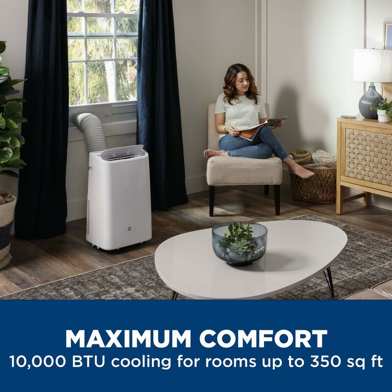 GE 10,000 BTU (7,200 BTU DOE) Portable Air Conditioner with 3 Fan Speeds and Remote Control - White, , hires