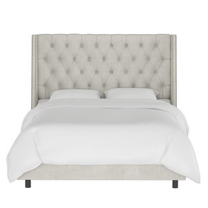 Skyline California King Nail Button Tufted Wingback Bed in Velvet - Light Grey, Grey, hires