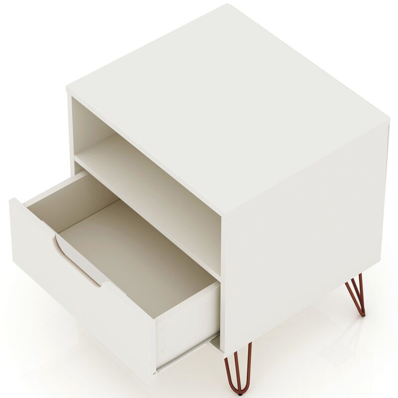 Manhattan Comfort Rockefeller Mid-Century Modern 1-Drawer Nightstand Off White, White, hires