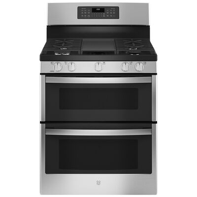 GE 30 in. 6.8 cu. ft. Air Fry True European Convection Double Oven Gas Range with 5 Sealed Burners & Griddle - Stainless Steel | JGBS86SPSS