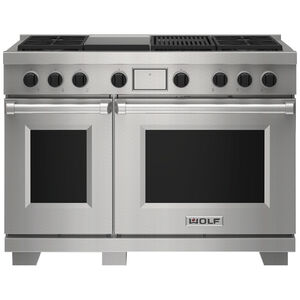 Wolf 48 in. 7.8 cu. ft. Smart Dual Convection Double Oven Dual Fuel Range with 4 Sealed Burners, Grill & Griddle - Stainless Steel, , hires