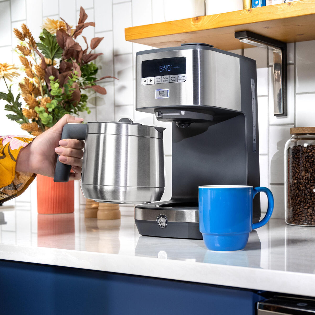 GE 10 Cup Drip Coffee Maker with Single Serve Stainless Steel