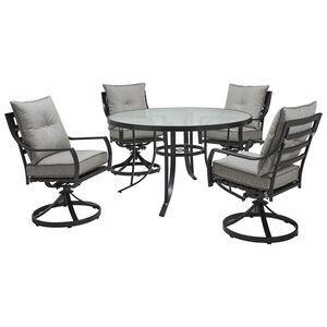 Hanover Lavallette 5-Piece Dining Set with 4 Swivel Rockers and a 52" Round Glass Table - Gray, , hires