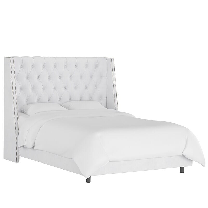 Skyline Queen Nail Button Tufted Wingback Bed in Velvet - White, White, hires