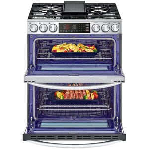 LG 30 in. 6.9 cu. ft. Smart Air Fry True European Convection Double Oven Slide-In Gas Range with 5 Sealed Burners & Griddle - PrintProof Stainless Steel, PrintProof Stainless Steel, hires
