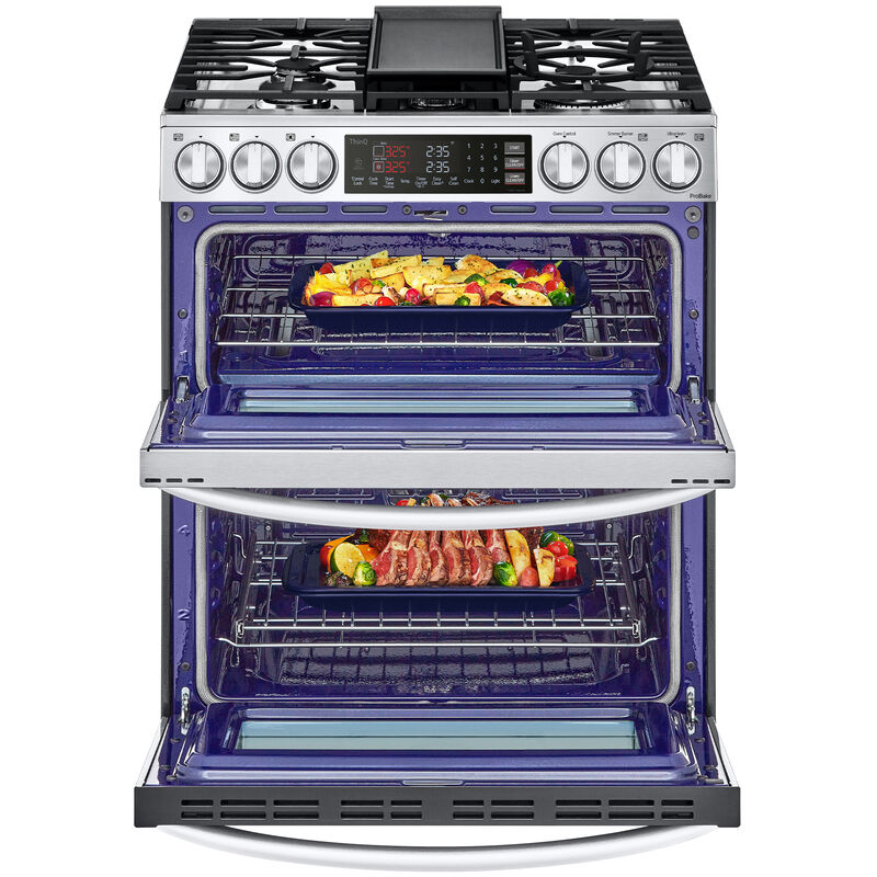 LG 30 in. 6.9 cu. ft. Smart Air Fry True European Convection Double Oven Slide-In Gas Range with 5 Sealed Burners & Griddle - PrintProof Stainless Steel, PrintProof Stainless Steel, hires