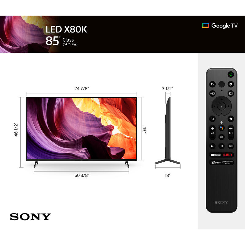 Sony - 85" Class X80K Series LED 4K UHD Smart Google TV, , hires
